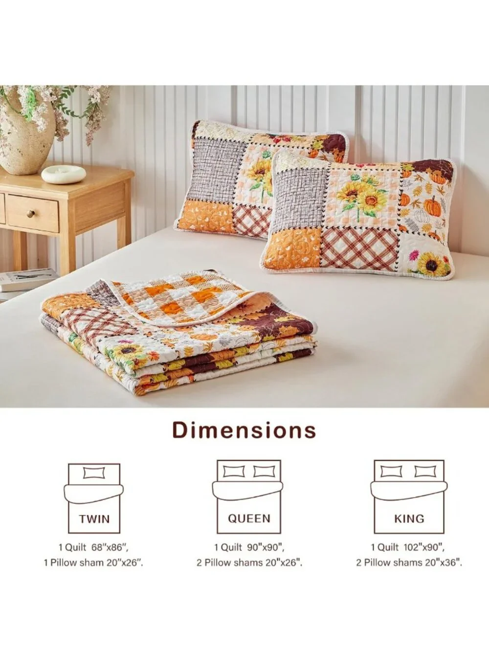 Autumn Harvest Patchwork Quilt Set - 2 Pieces Queen Size, Pumpkin Sunflower